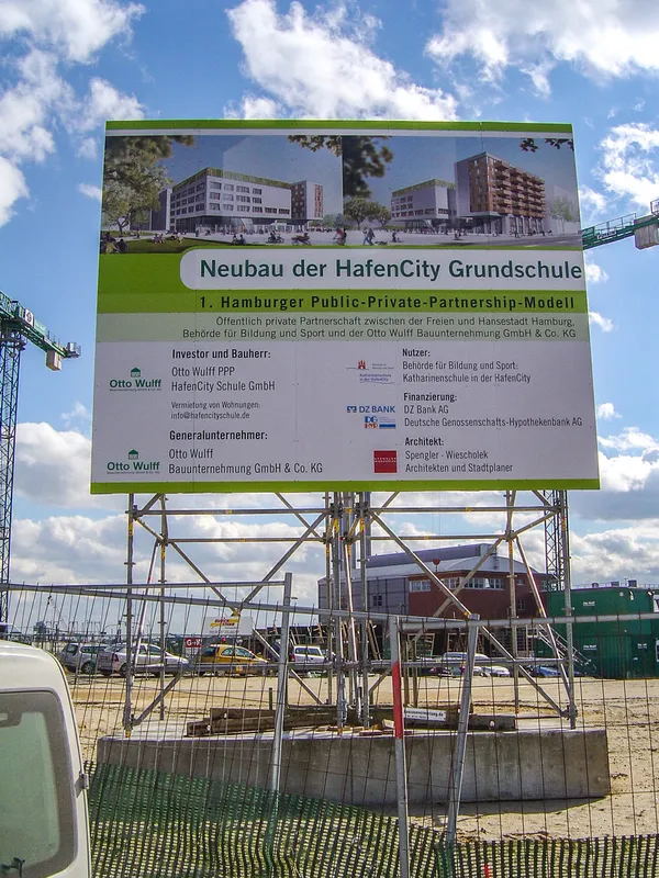 Bauschilder als Hinweis für einen Neubau an der Hamburger Alster. Aludibondplatten mit Digitaldruck als Bauschild und einer Unterkonstruktion aus weiß lackiertem Holz